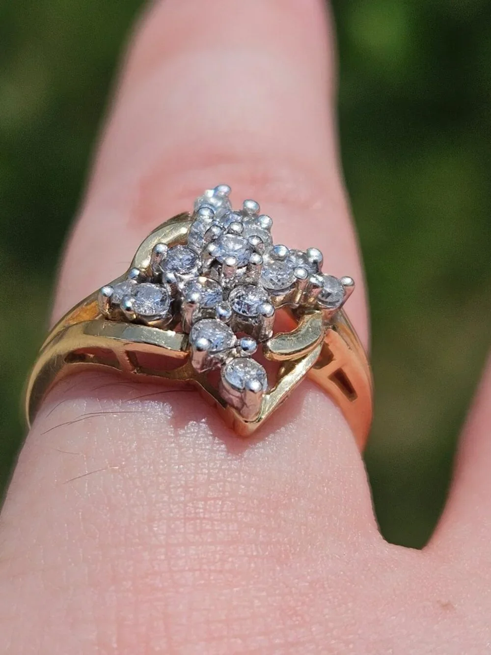 14K Yellow Gold Diamond Cocktail Bypass Flower Cluster Ring .30TCW Size 6.5